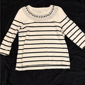 Talbots Embellished Black and White Striped Mid Sleeve Top